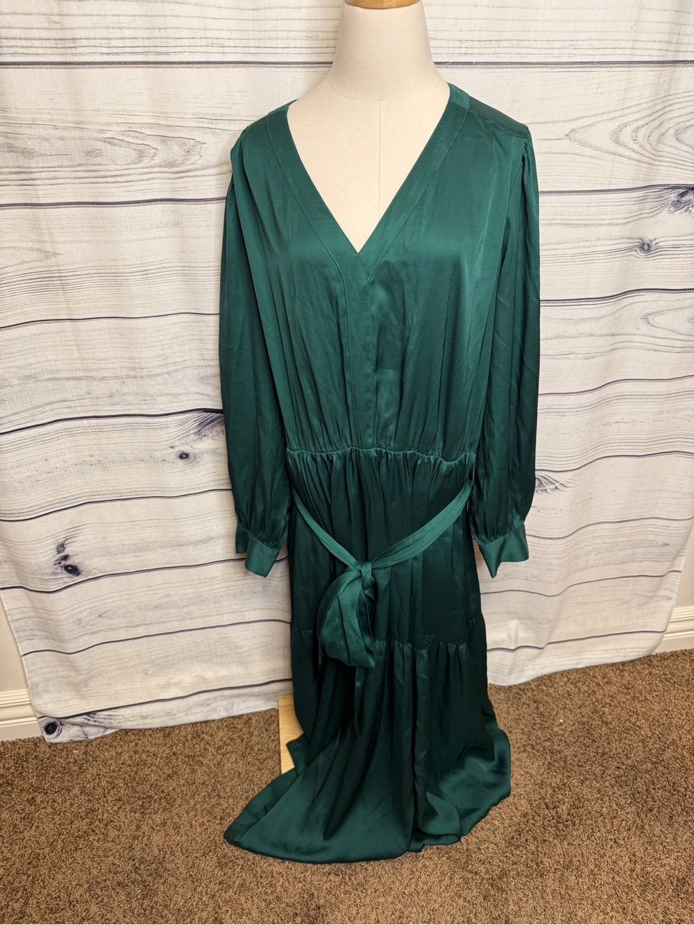 Lane Bryant Deep Emerald V‑Neck Long Sleeve Maxi Dress with Waist Tie